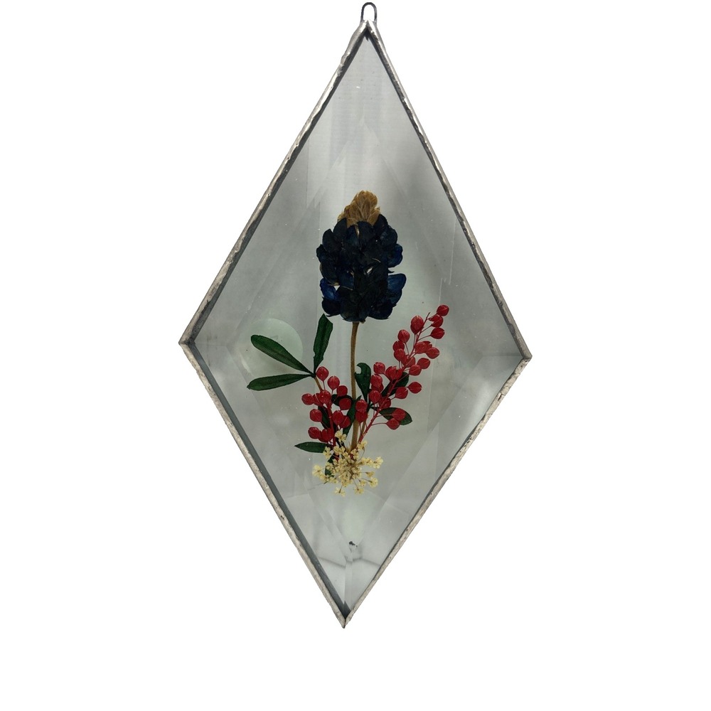 Vtg Diamond Shaped Glass Sun Catcher 7x4" Handmade Dried Flowers Metal Edging